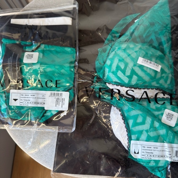 VERSACE Greca Signature Tulle Bralette and Briefs Set in Turquoise - Picture 6 of 7